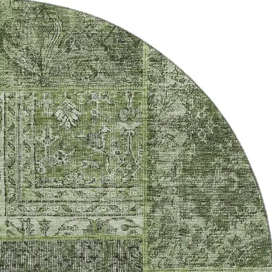 8' Olive Green And Gray Patchwork Washable Round Rug With UV Protection Photo 4