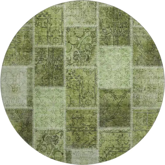8' Olive Green And Gray Patchwork Washable Round Rug With UV Protection Photo 1