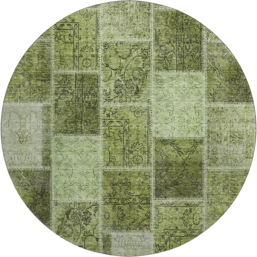 8' Olive Green And Gray Patchwork Washable Round Rug With UV Protection Photo 1