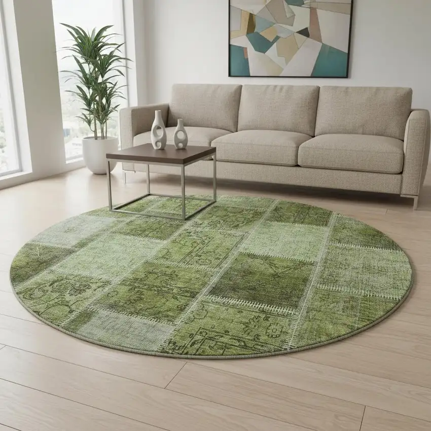 8' Olive Green And Gray Patchwork Washable Round Rug With UV Protection Photo 2