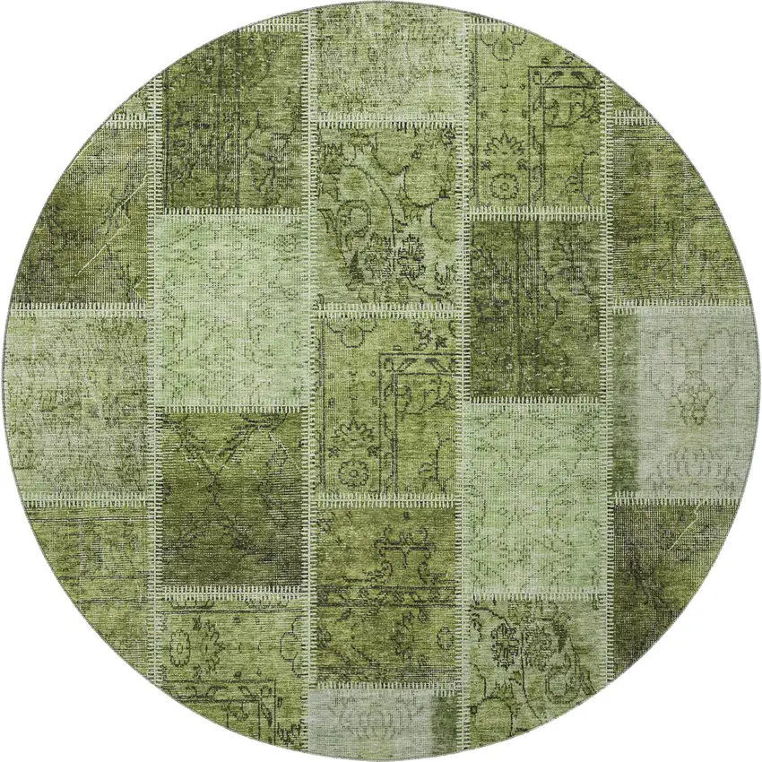 8' Olive Green And Gray Patchwork Washable Round Rug With UV Protection Photo 4