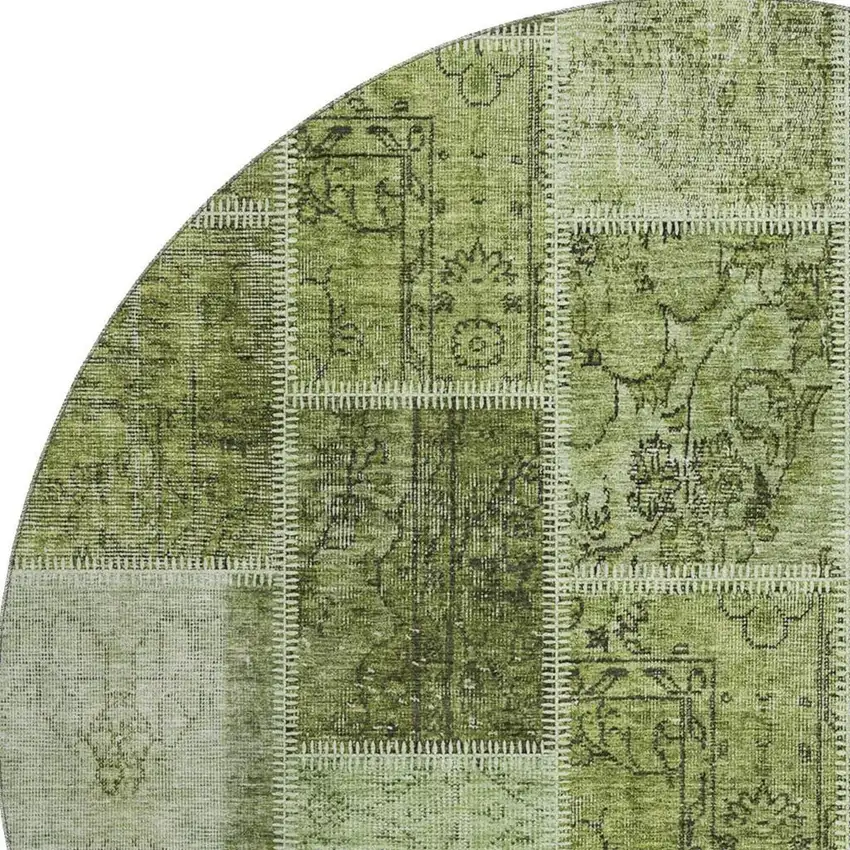 8' Olive Green And Gray Patchwork Washable Round Rug With UV Protection Photo 3