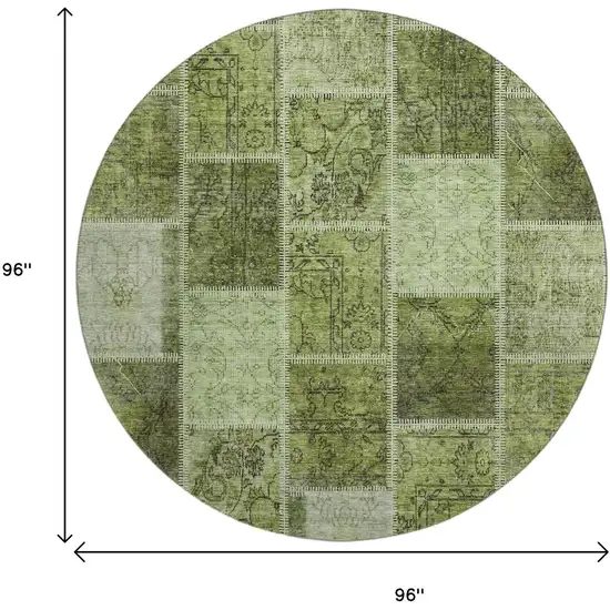 8' Olive Green And Gray Patchwork Washable Round Rug With UV Protection Photo 3