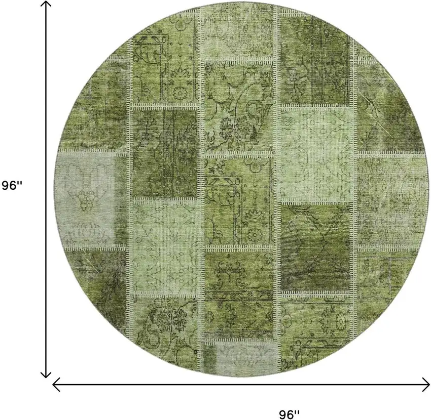 8' Olive Green And Gray Patchwork Washable Round Rug With UV Protection Photo 3