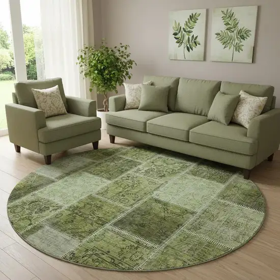 8' Olive Green And Gray Patchwork Washable Round Rug With UV Protection Photo 1