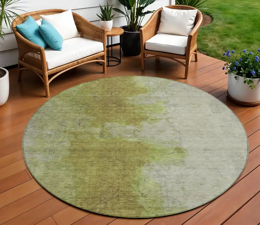 8' Olive Green And Gray Round Abstract Washable Indoor Outdoor Area Rug Photo 2