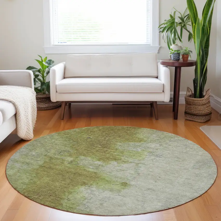 8' Olive Green And Gray Round Abstract Washable Indoor Outdoor Area Rug Photo 7