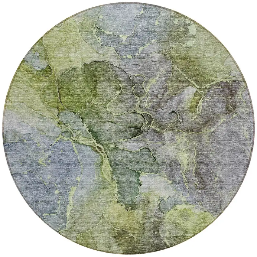 8' Olive Green And Gray Round Abstract Washable Indoor Outdoor Area Rug Photo 6