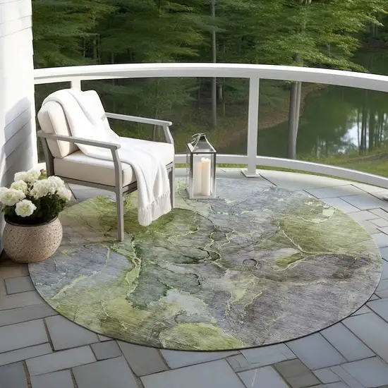 8' Olive Green And Gray Round Abstract Washable Indoor Outdoor Area Rug Photo 8