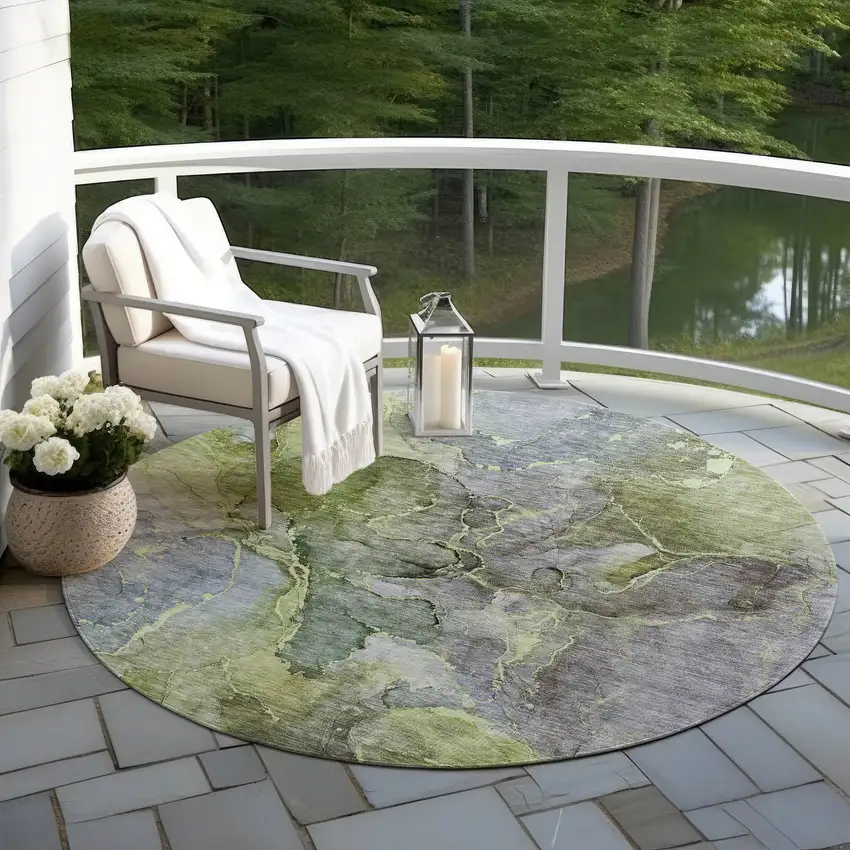8' Olive Green And Gray Round Abstract Washable Indoor Outdoor Area Rug Photo 8