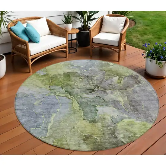 8' Olive Green And Gray Round Abstract Washable Indoor Outdoor Area Rug Photo 1