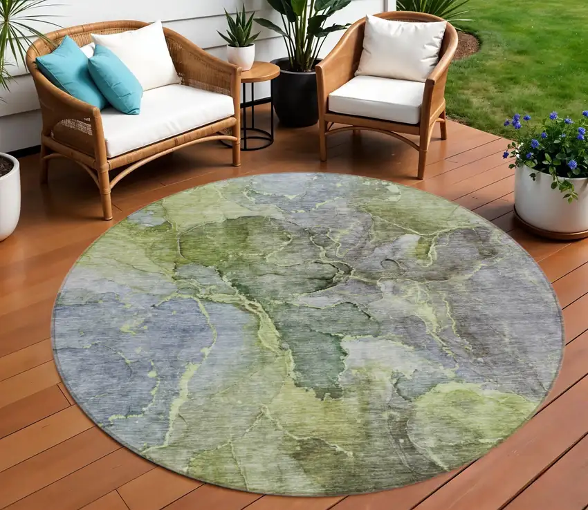 8' Olive Green And Gray Round Abstract Washable Indoor Outdoor Area Rug Photo 1
