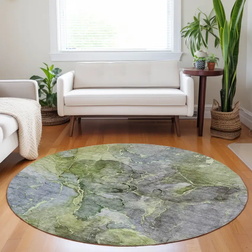 8' Olive Green And Gray Round Abstract Washable Indoor Outdoor Area Rug Photo 9