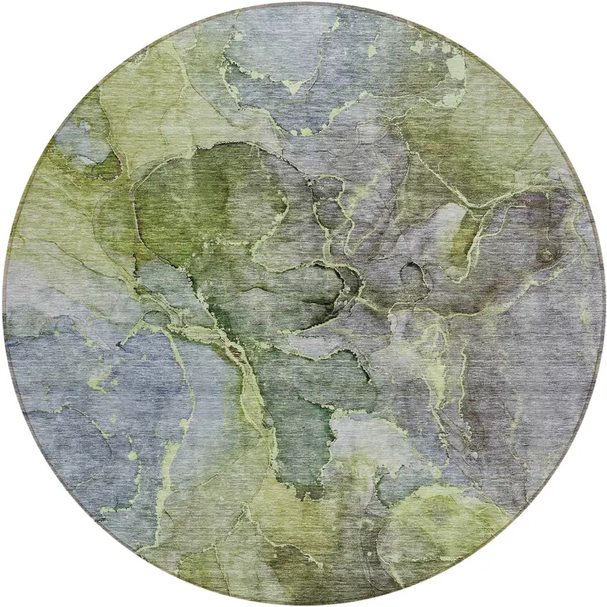 8' Olive Green And Gray Round Abstract Washable Indoor Outdoor Area Rug Photo 2