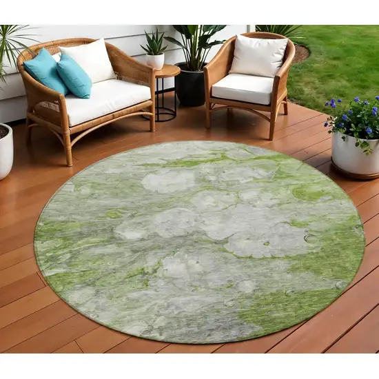 8' Olive Green And Gray Round Abstract Washable Indoor Outdoor Area Rug Photo 1