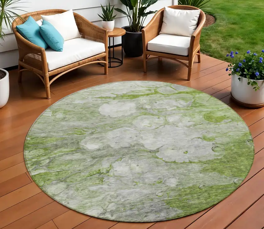 8' Olive Green And Gray Round Abstract Washable Indoor Outdoor Area Rug Photo 1