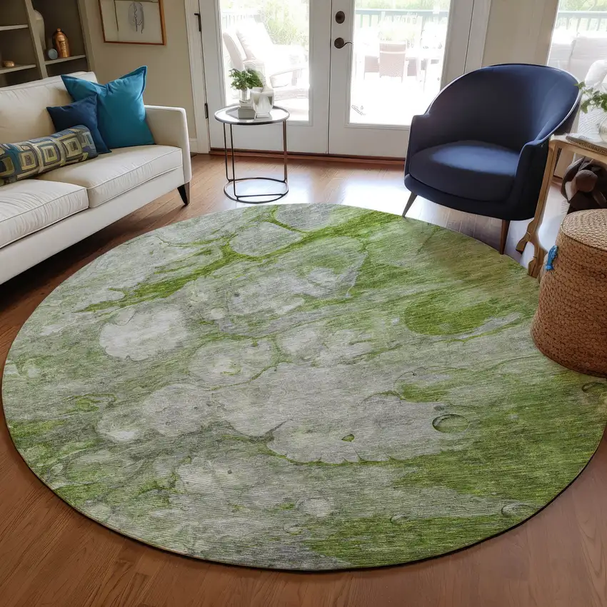 8' Olive Green And Gray Round Abstract Washable Indoor Outdoor Area Rug Photo 7