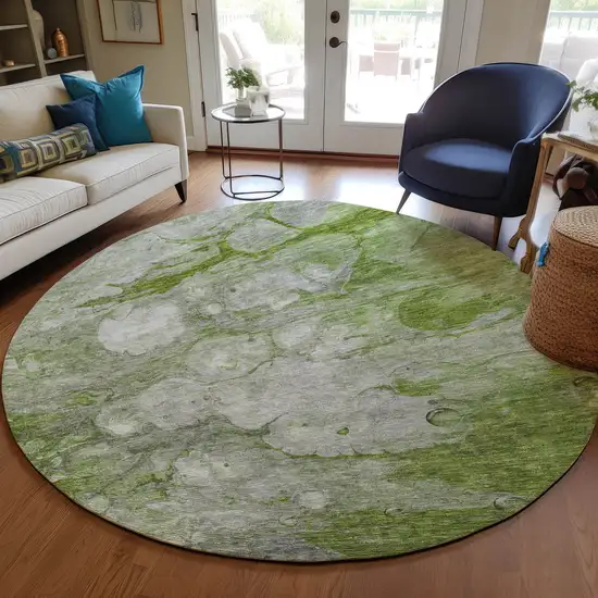 8' Olive Green And Gray Round Abstract Washable Indoor Outdoor Area Rug Photo 7