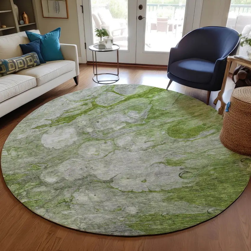 8' Olive Green And Gray Round Abstract Washable Indoor Outdoor Area Rug Photo 7