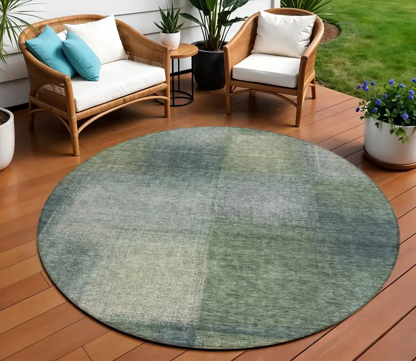 8' Olive Green And Gray Round Abstract Washable Indoor Outdoor Area Rug Photo 1