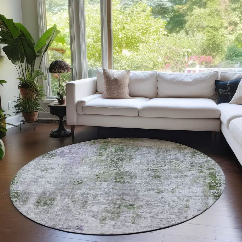 8' Olive Green And Gray Round Abstract Washable Indoor Outdoor Area Rug Photo 7