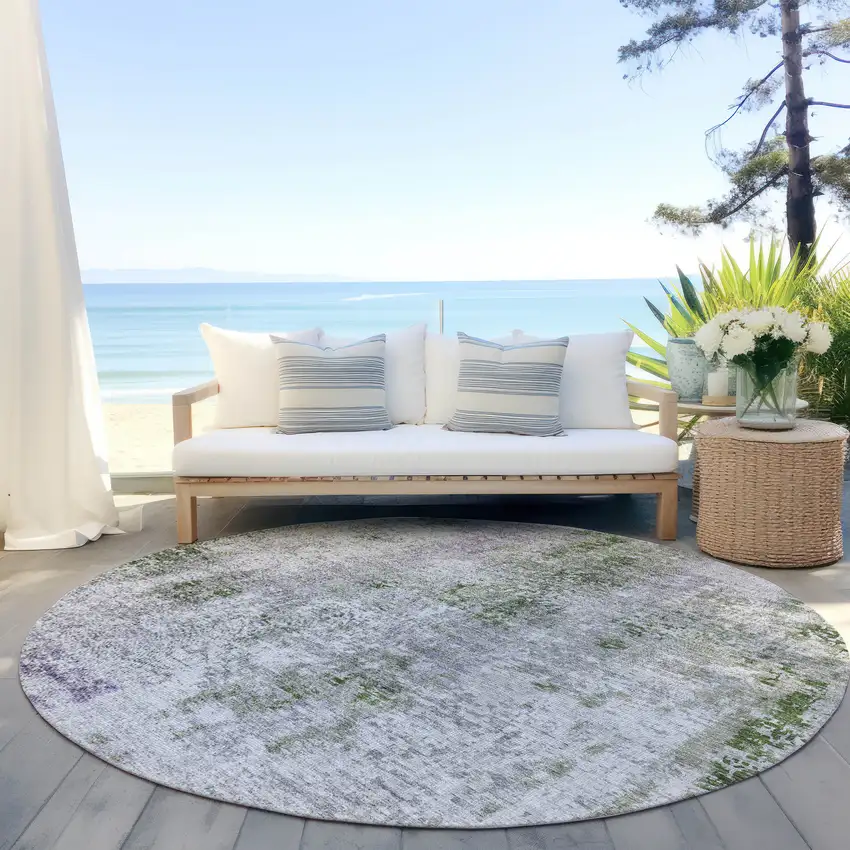 8' Olive Green And Gray Round Abstract Washable Indoor Outdoor Area Rug Photo 6