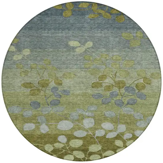 8' Olive Green And Gray Round Floral Washable Indoor Outdoor Area Rug Photo 3