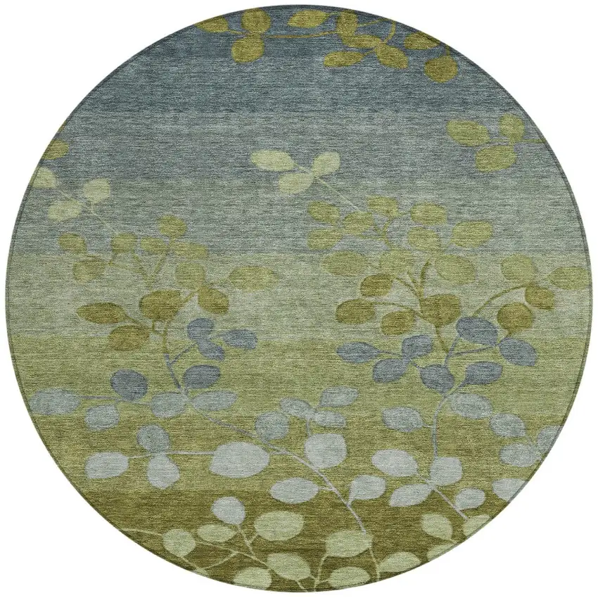 8' Olive Green And Gray Round Floral Washable Indoor Outdoor Area Rug Photo 3