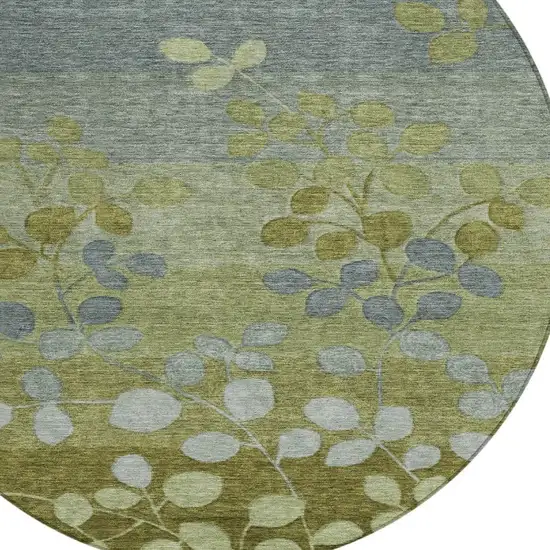 8' Olive Green And Gray Round Floral Washable Indoor Outdoor Area Rug Photo 4
