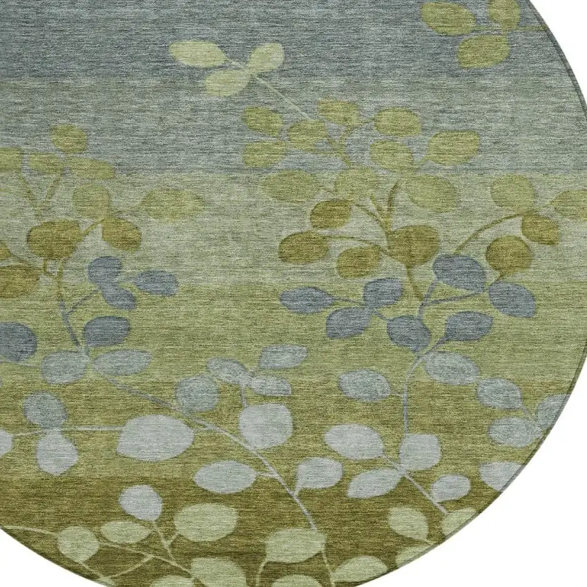8' Olive Green And Gray Round Floral Washable Indoor Outdoor Area Rug Photo 4