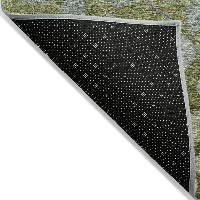 8' Olive Green And Gray Round Floral Washable Indoor Outdoor Area Rug Photo 9