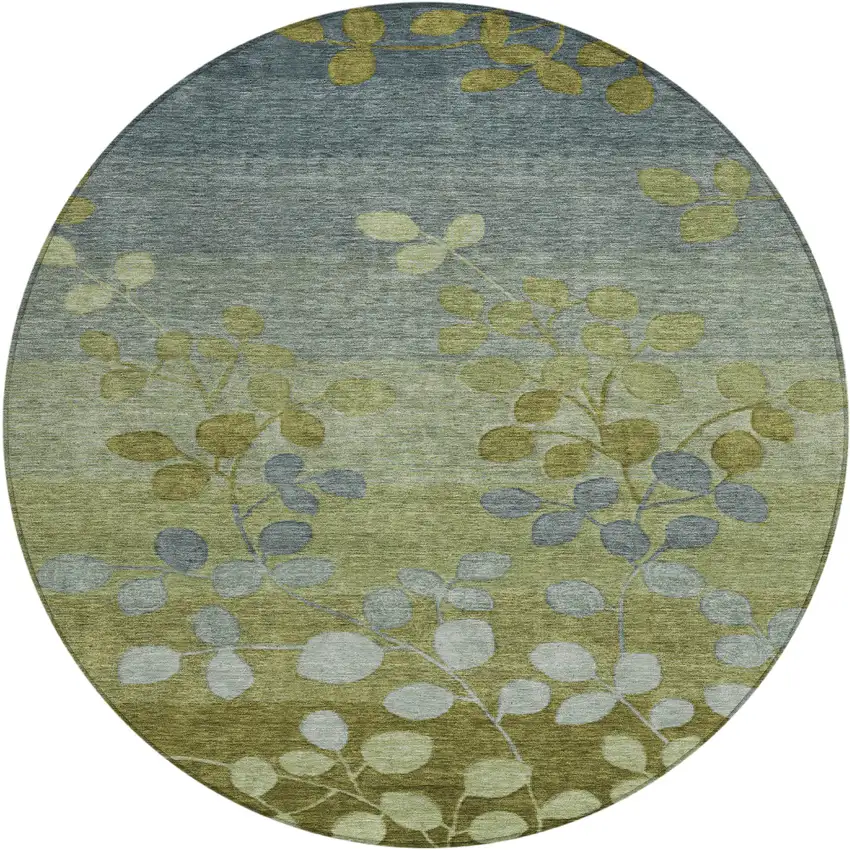8' Olive Green And Gray Round Floral Washable Indoor Outdoor Area Rug Photo 1