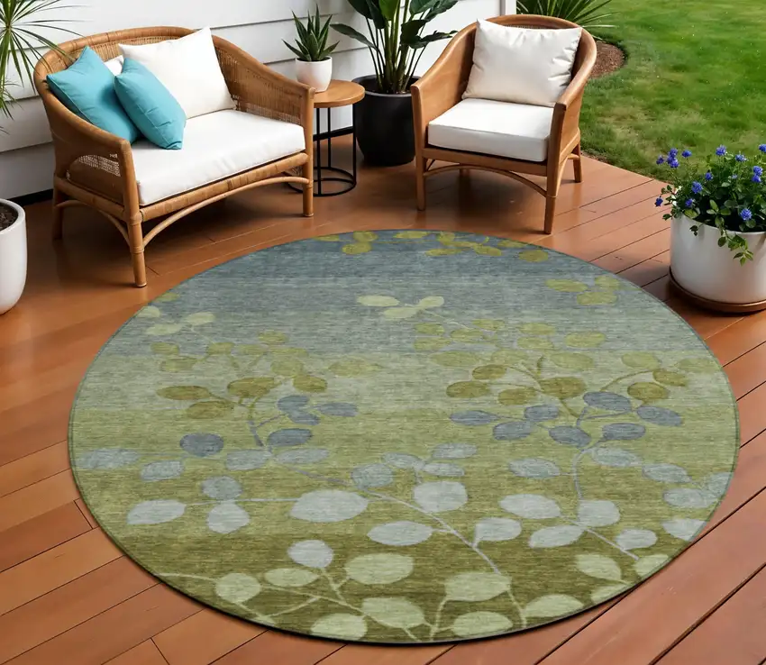 8' Olive Green And Gray Round Floral Washable Indoor Outdoor Area Rug Photo 2