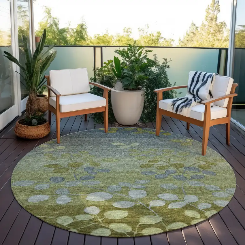 8' Olive Green And Gray Round Floral Washable Indoor Outdoor Area Rug Photo 5