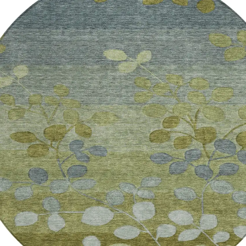 8' Olive Green And Gray Round Floral Washable Indoor Outdoor Area Rug Photo 7