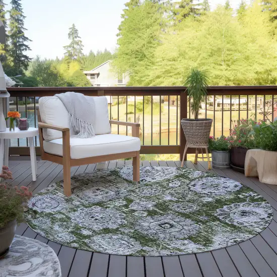 8' Olive Green And Gray Round Floral Washable Indoor Outdoor Area Rug Photo 6