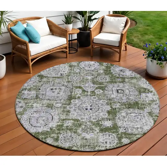 8' Olive Green And Gray Round Floral Washable Indoor Outdoor Area Rug Photo 1