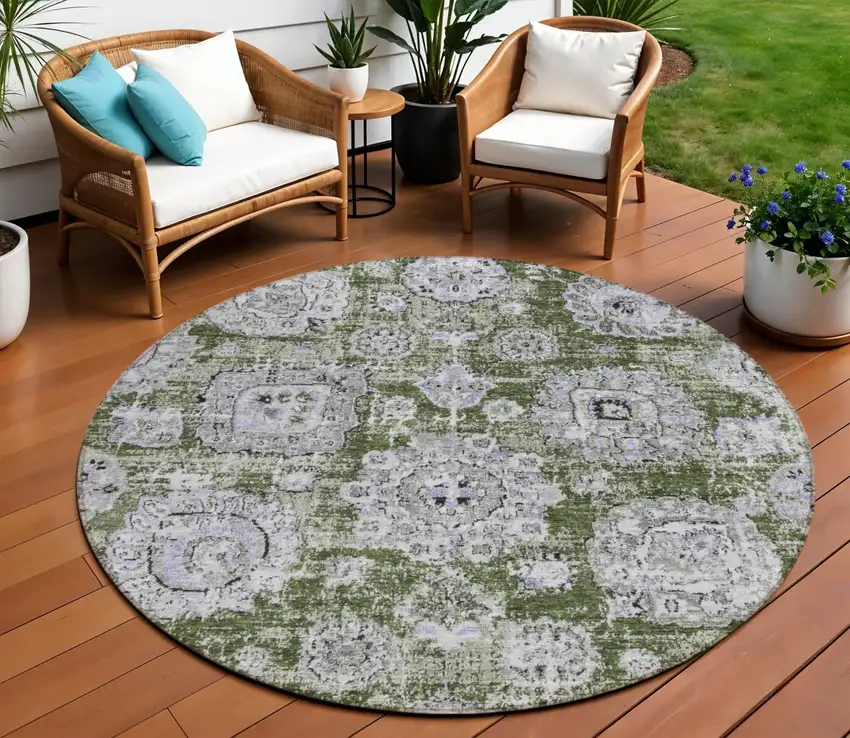 8' Olive Green And Gray Round Floral Washable Indoor Outdoor Area Rug Photo 1