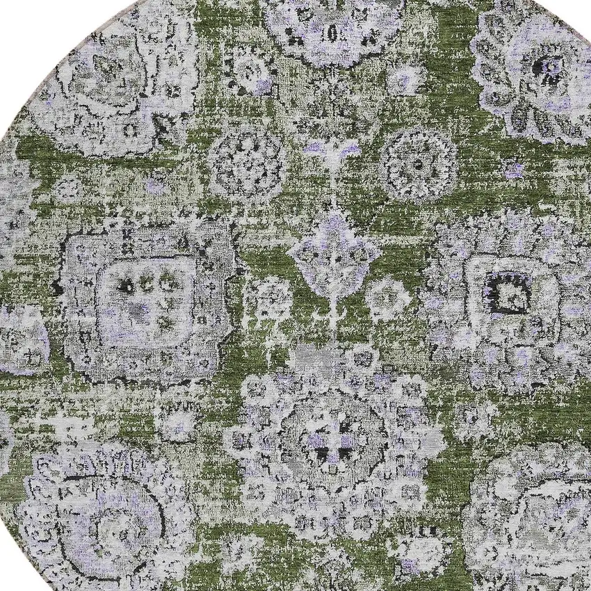 8' Olive Green And Gray Round Floral Washable Indoor Outdoor Area Rug Photo 4