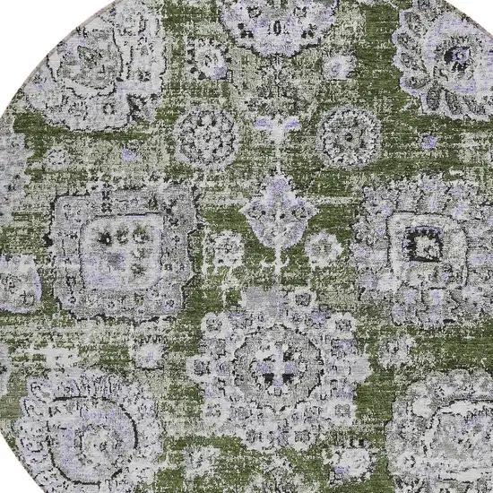 8' Olive Green And Gray Round Floral Washable Indoor Outdoor Area Rug Photo 4