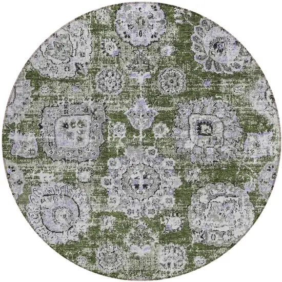 8' Olive Green And Gray Round Floral Washable Indoor Outdoor Area Rug Photo 2