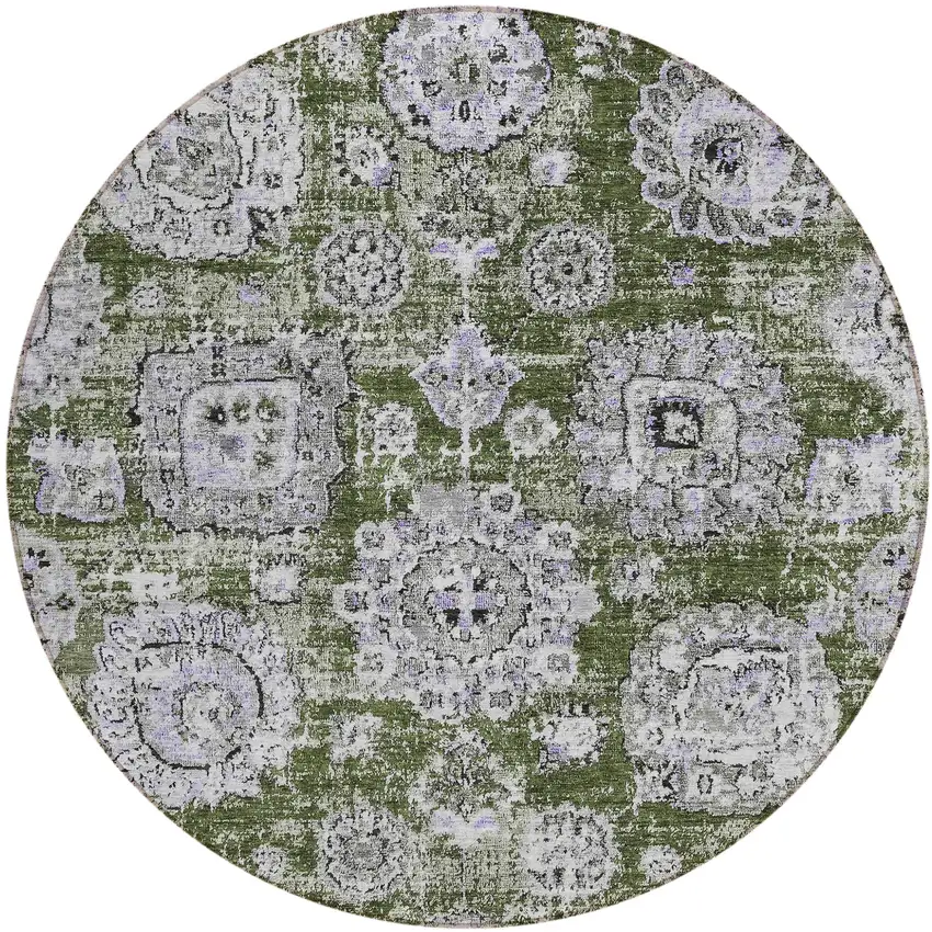 8' Olive Green And Gray Round Floral Washable Indoor Outdoor Area Rug Photo 2
