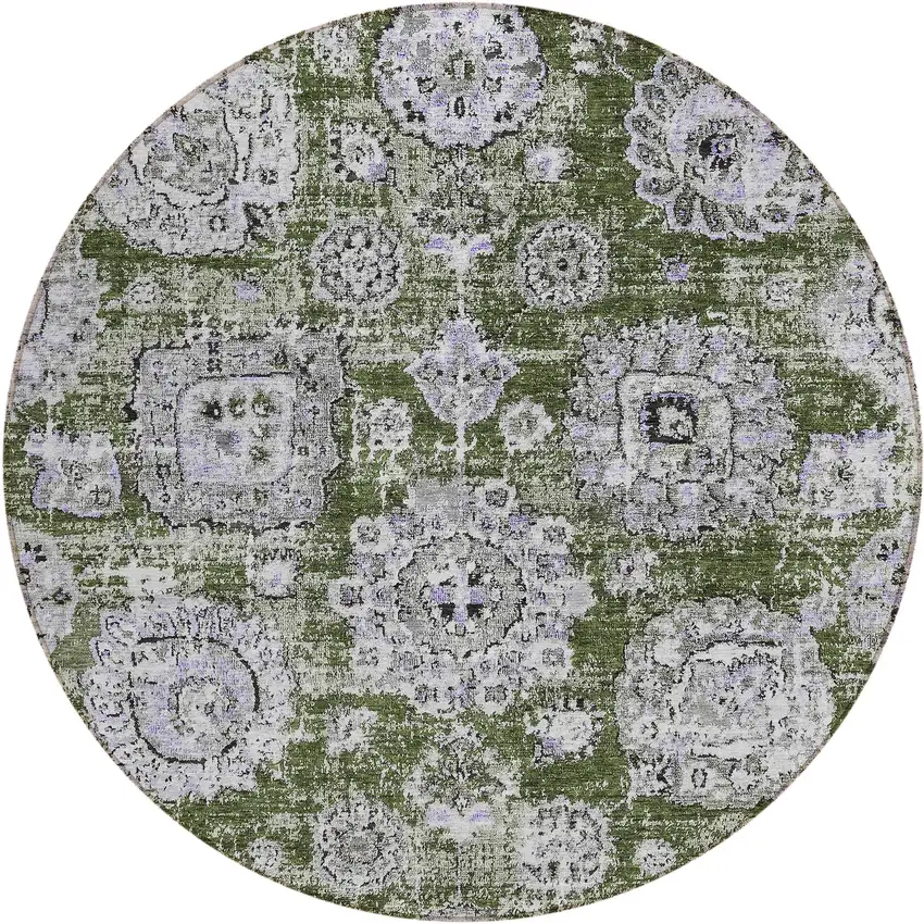 8' Olive Green And Gray Round Floral Washable Indoor Outdoor Area Rug Photo 2