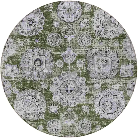 8' Olive Green And Gray Round Floral Washable Indoor Outdoor Area Rug Photo 5