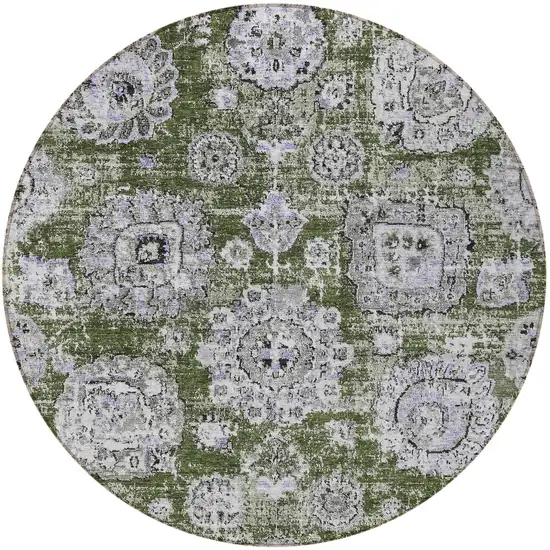 8' Olive Green And Gray Round Floral Washable Indoor Outdoor Area Rug Photo 5