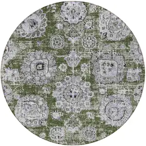 Photo of 8' Olive Green And Gray Round Floral Washable Indoor Outdoor Area Rug