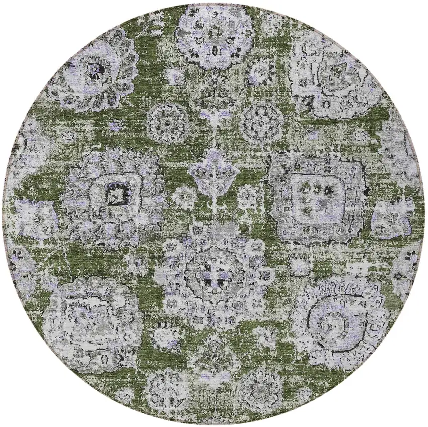 8' Olive Green And Gray Round Floral Washable Indoor Outdoor Area Rug Photo 5