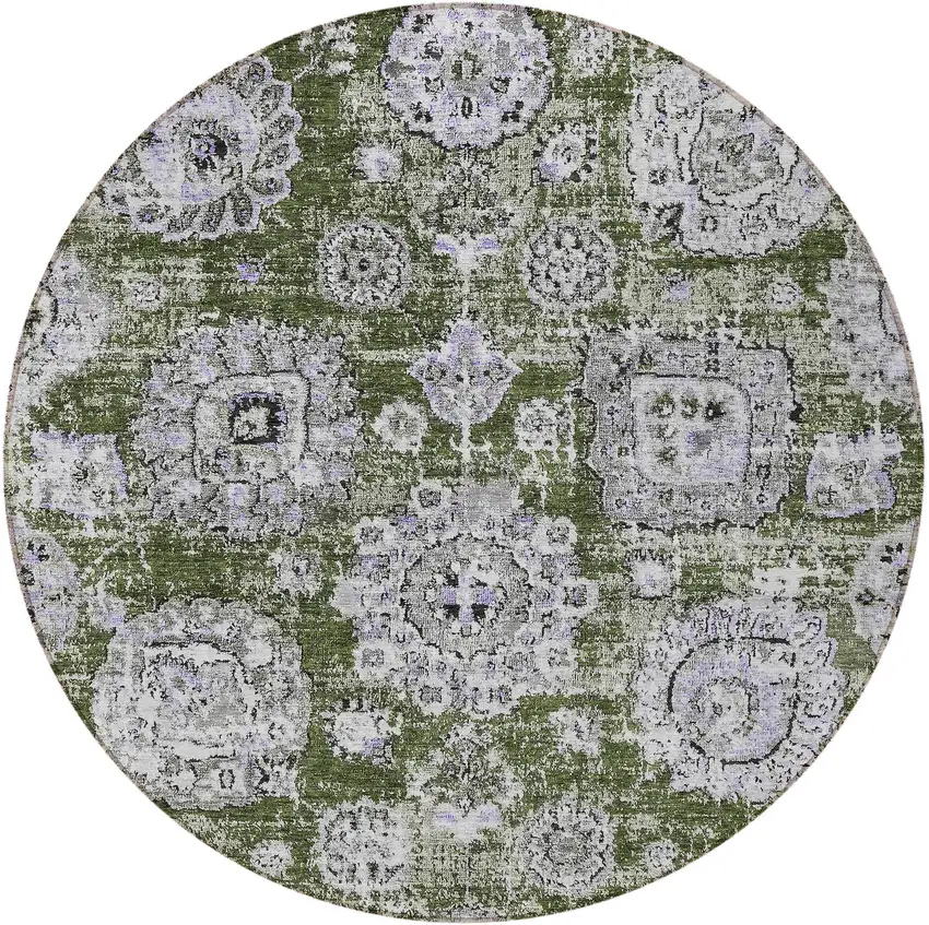 8' Olive Green And Gray Round Floral Washable Indoor Outdoor Area Rug Photo 5