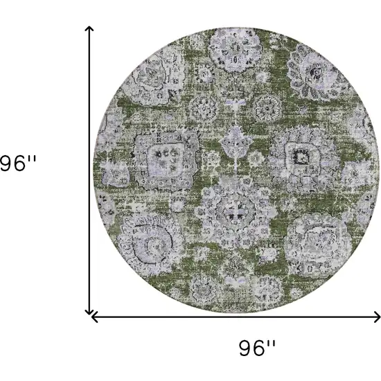 8' Olive Green And Gray Round Floral Washable Indoor Outdoor Area Rug Photo 8