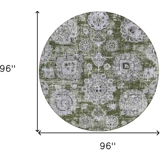 8' Olive Green And Gray Round Floral Washable Indoor Outdoor Area Rug Photo 8